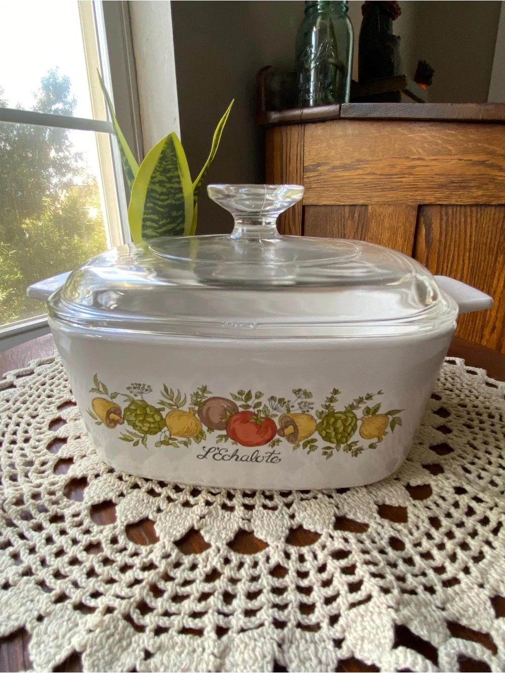 Vintage Corringware White Ceramic Herb & Vegetable Casserole Dish with Glass Lid